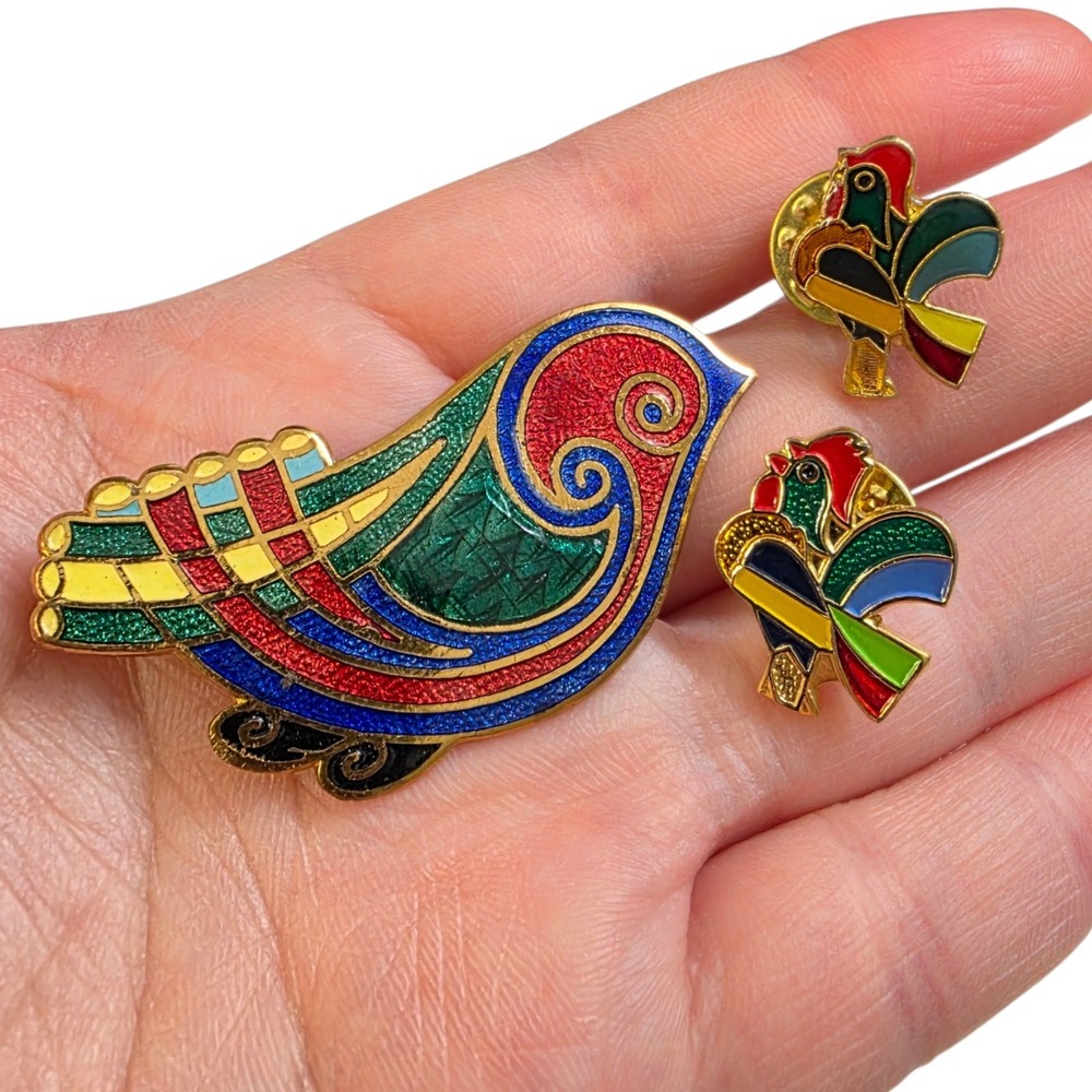 Vintage Tara Celtic Bird Brooch and Ballou Rooster Enamel Pin Set Multicolor
